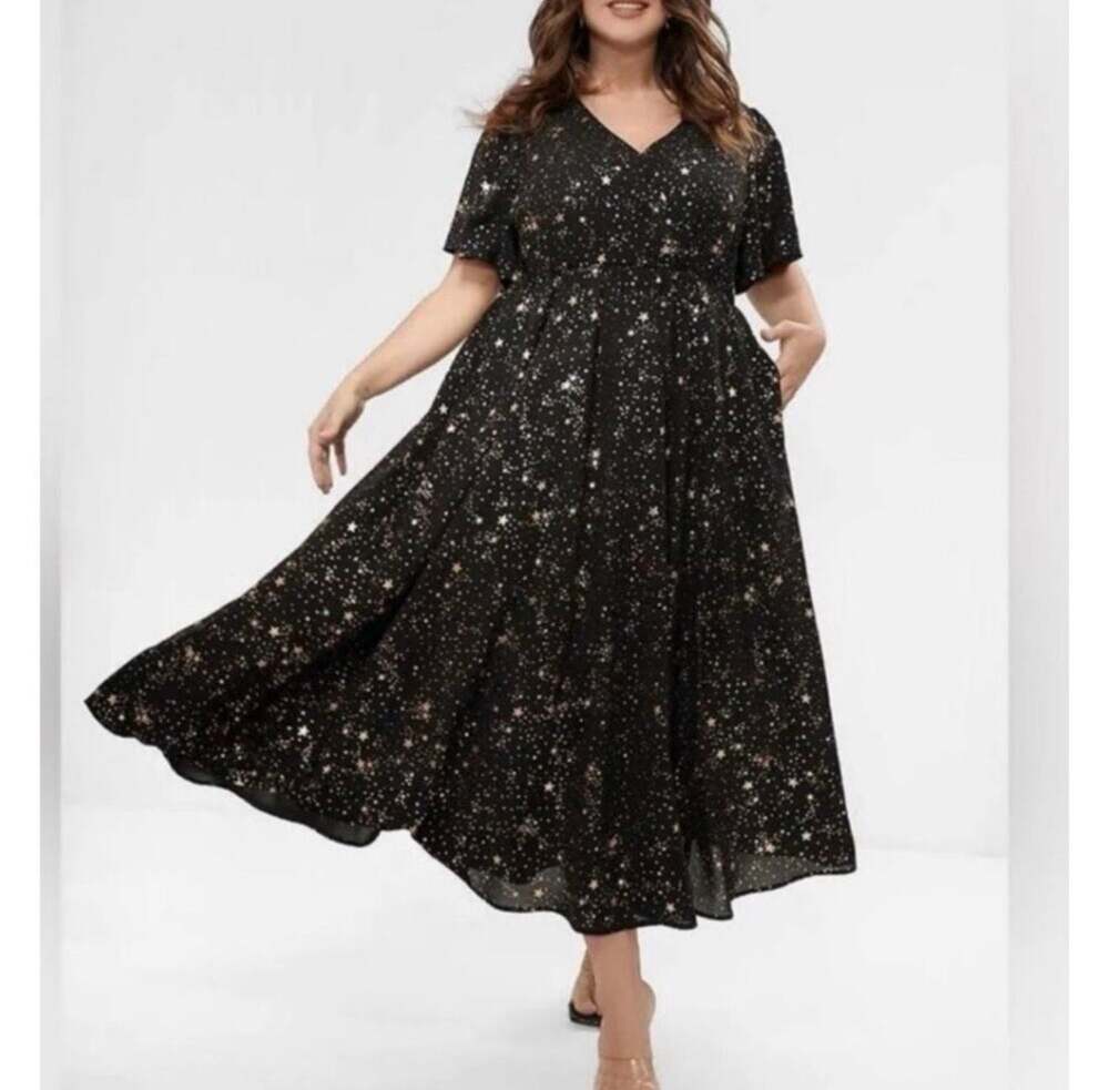 Plus Size 22-24 3X BloomChic Black Glitter Star Maxi Dress with Pockets RARE